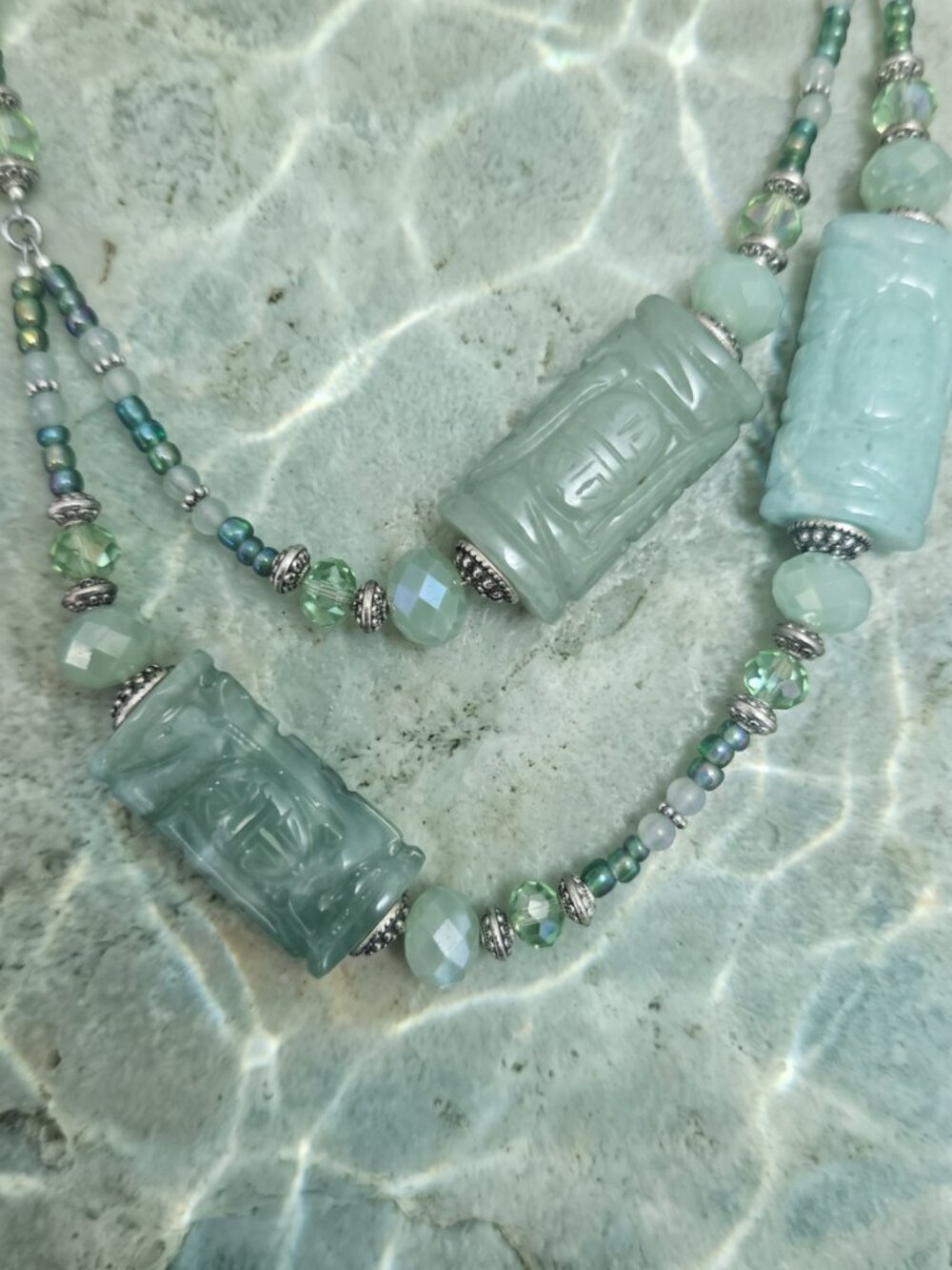 JB Originals - "Tideborn" - Vintage Green Jade & Glass Necklace Earrings Set - Picture 5 of 15